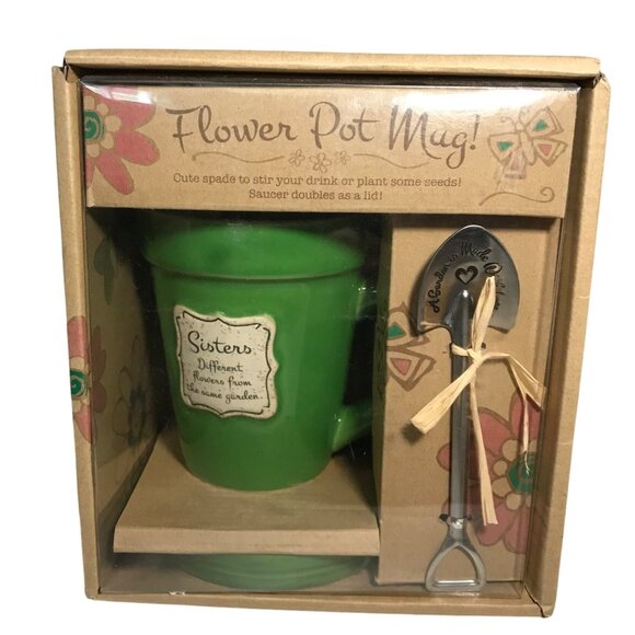 Divinity Boutique Flower Pot Mug 3 Piece Green Coffee Mug Flower Pot Spade Spoon - Picture 1 of 7